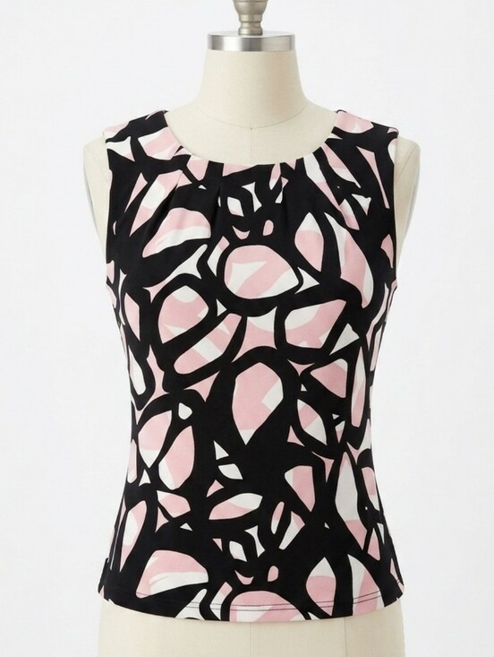 Calvin Klein Tops - CALVIN KLEIN Pink Black Abstract Silky Sleeveless Blouse Pleated Neck Size P